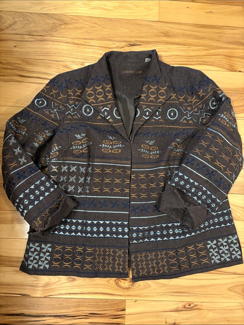 Coldwater Creek Embroidered Patterned Jacket in Brown & Light Blue